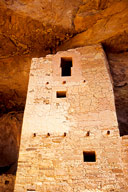 Colorado: Mesa Verde National Park, Cliff Palace (Anasazi ruins from mid 13th century) tower and upper windows of “Square Tower House”