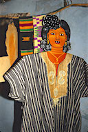 Ghana: Kpetoe (Volta Region), manequin dressed in Ewe cloth smock (local variation of Kente cloth)