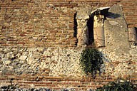 Italy: Sicily, Taormina, Teatro Greco, detail of wall with Roman bricks and Greek columns